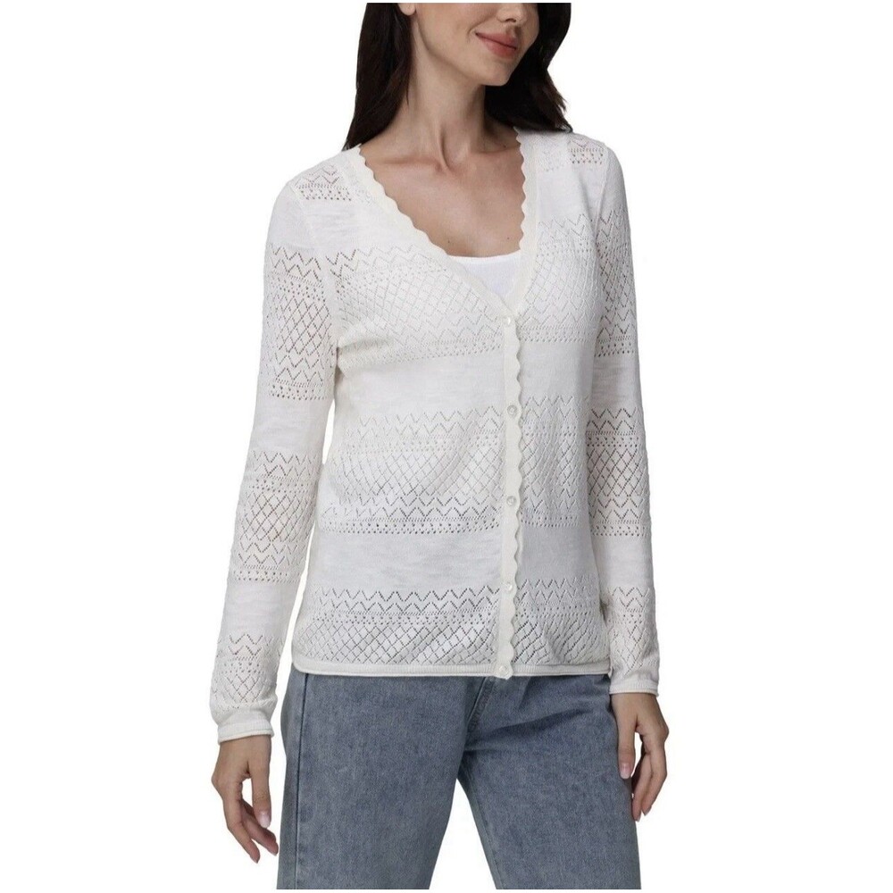 Frye Ivory Pointelle Knit Button Front Long Sleeve Cardigan Women’s Size Large